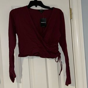 Long sleeve wine red wrap tie top